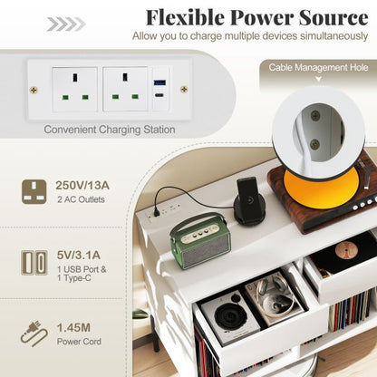 Record Player Stand with Power Outlets and Drawers for Living Room-White