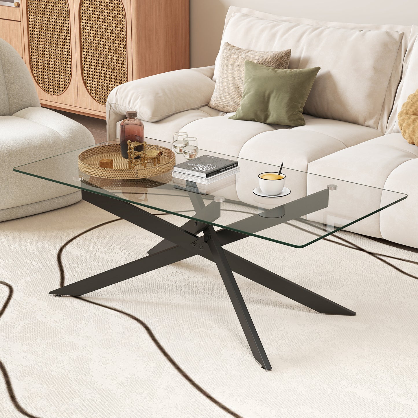 Rectangle Glass Coffee Table with Tempered Glass Top and Metal Tubular Legs-Black