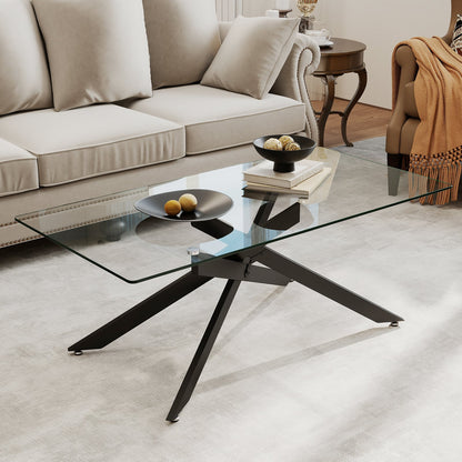 Rectangle Glass Coffee Table with Tempered Glass Top and Metal Tubular Legs-Black