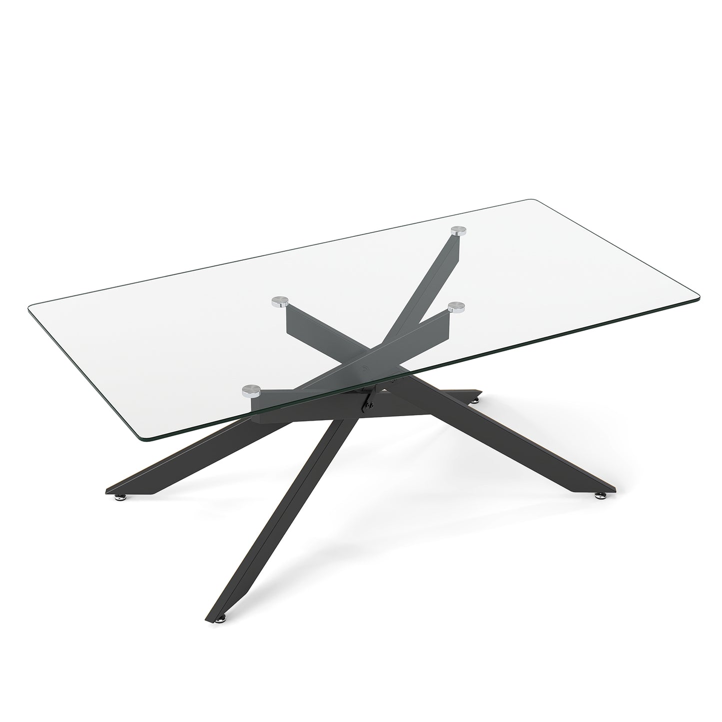 Rectangle Glass Coffee Table with Tempered Glass Top and Metal Tubular Legs-Black