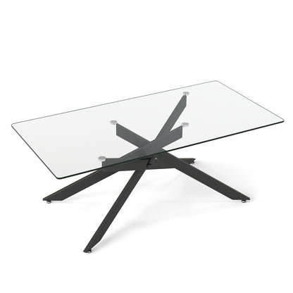 Rectangle Glass Coffee Table with Tempered Glass Top and Metal Tubular Legs-Black