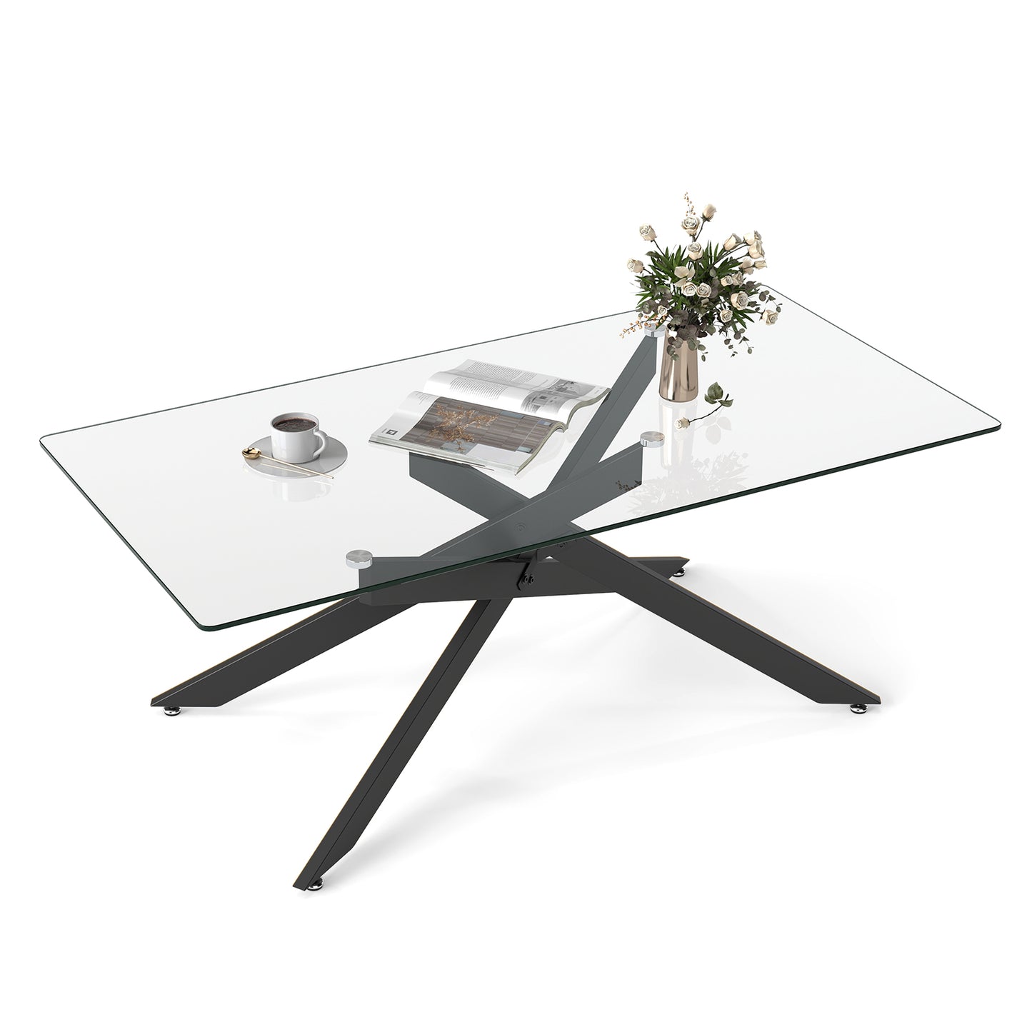 Rectangle Glass Coffee Table with Tempered Glass Top and Metal Tubular Legs-Black