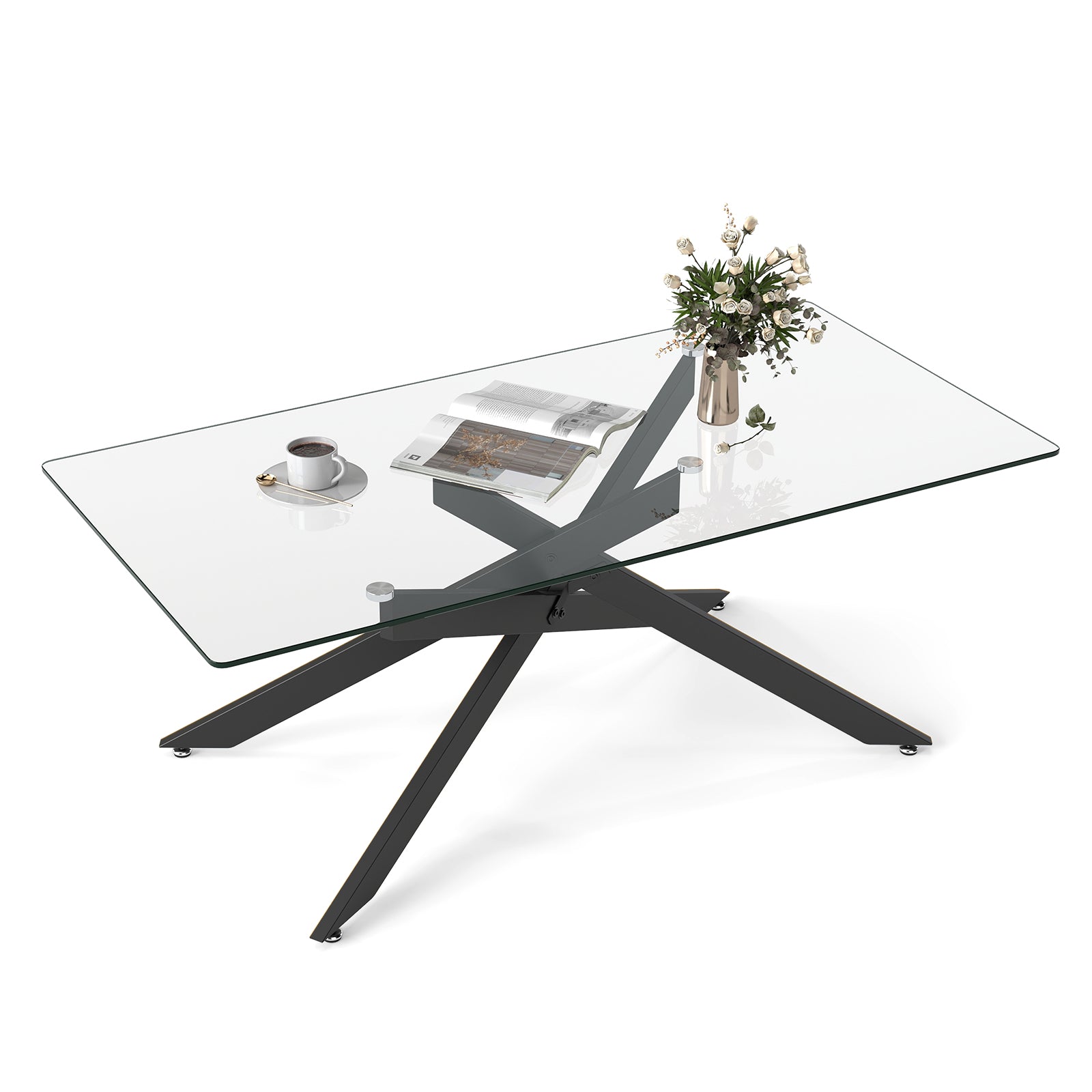 Rectangle Glass Coffee Table with Tempered Glass Top and Metal Tubular Legs-Black