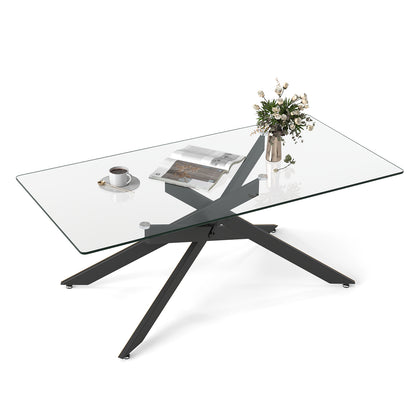 Rectangle Glass Coffee Table with Tempered Glass Top and Metal Tubular Legs-Black