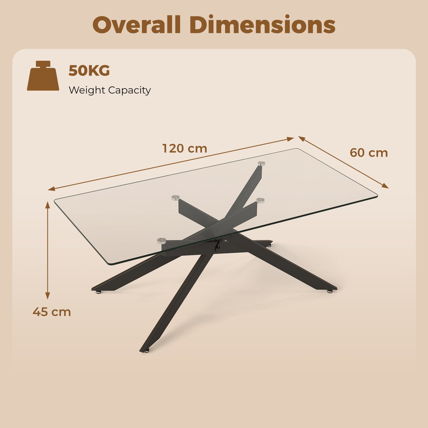 Rectangle Glass Coffee Table with Tempered Glass Top and Metal Tubular Legs-Black