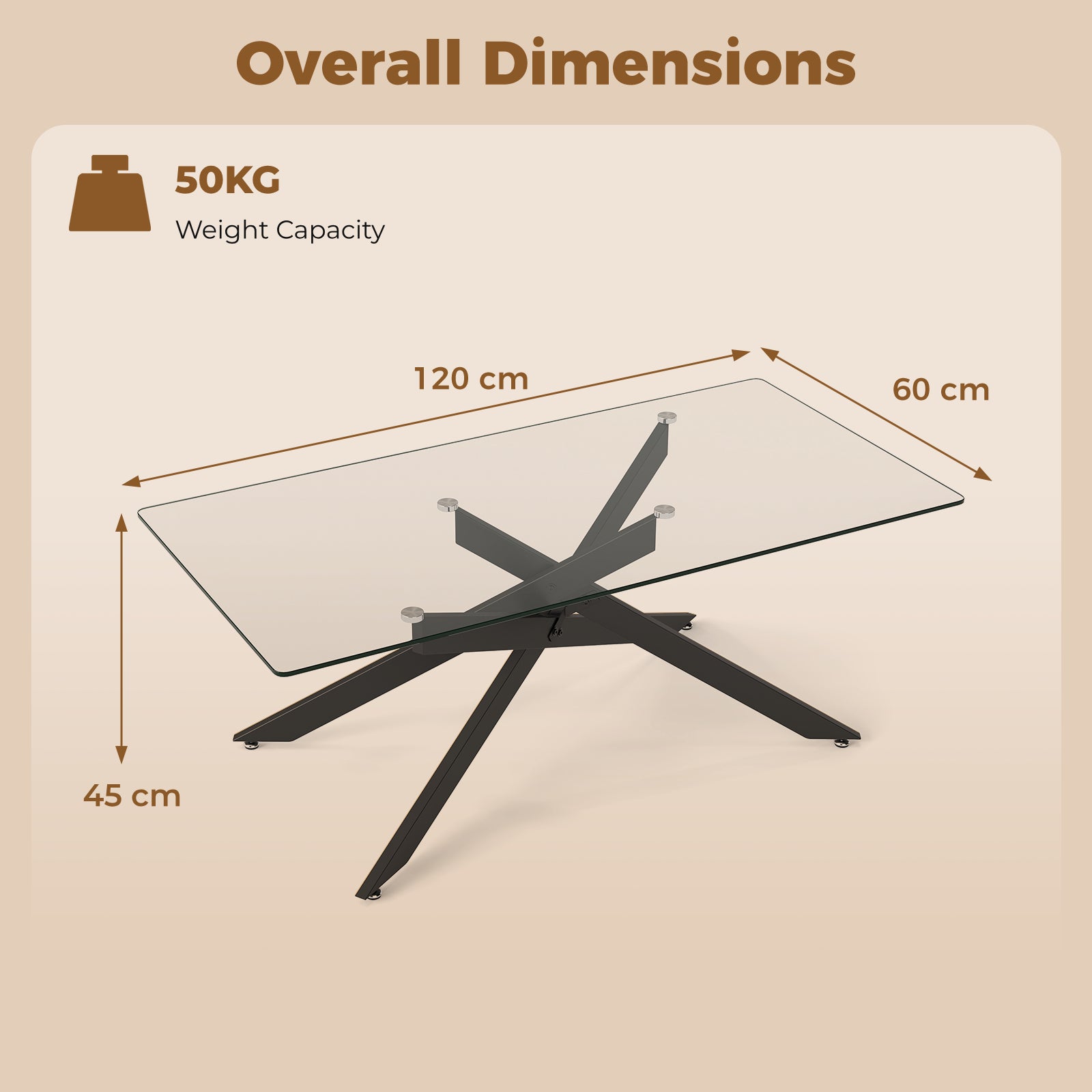 Rectangle Glass Coffee Table with Tempered Glass Top and Metal Tubular Legs-Black