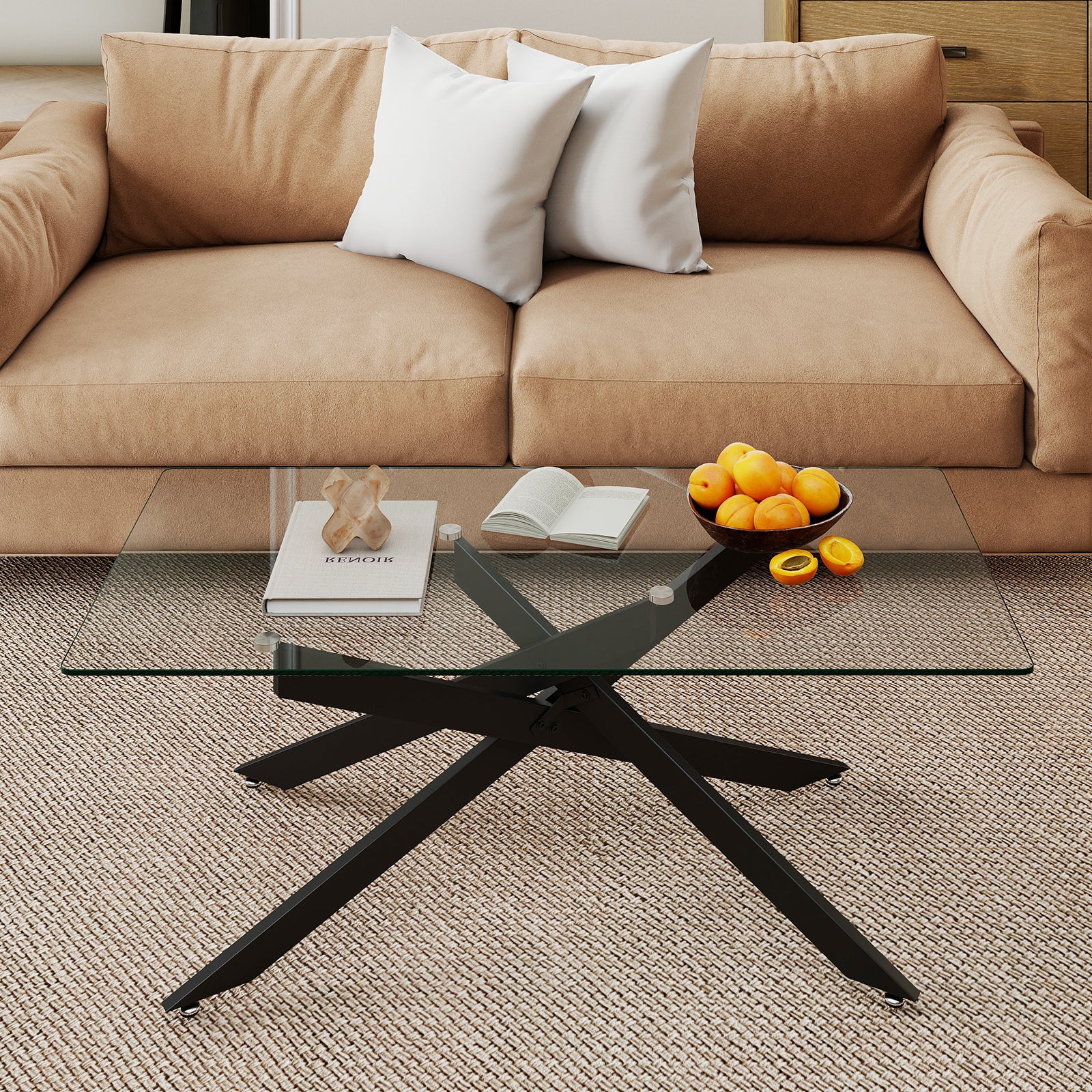 Rectangle Glass Coffee Table with Tempered Glass Top and Metal Tubular Legs-Black