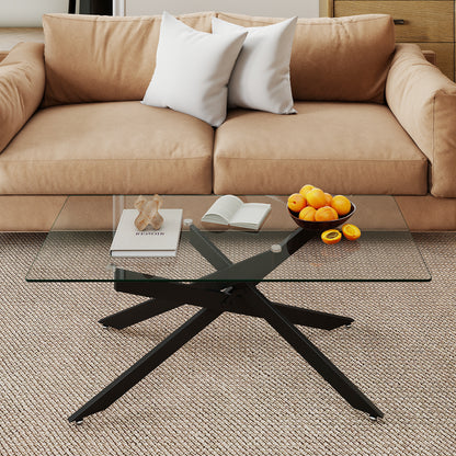 Rectangle Glass Coffee Table with Tempered Glass Top and Metal Tubular Legs-Black