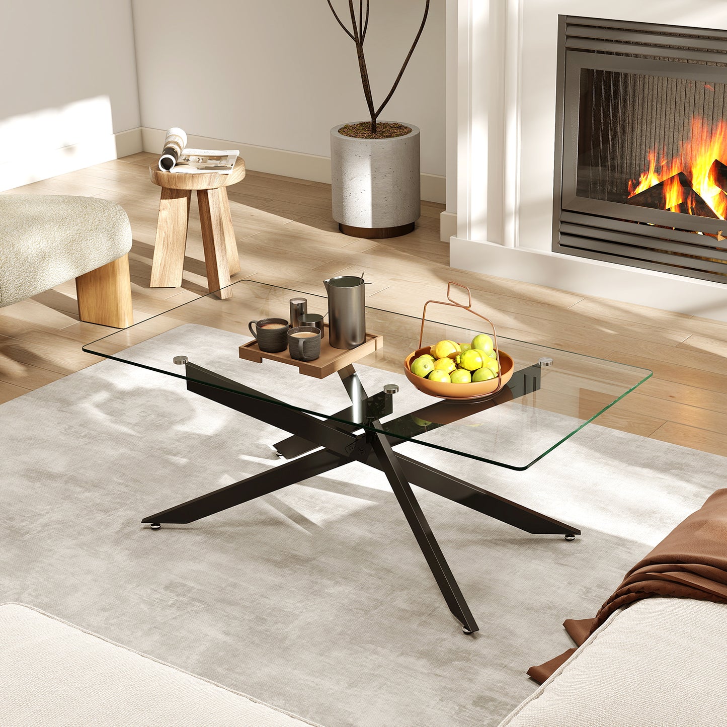 Rectangle Glass Coffee Table with Tempered Glass Top and Metal Tubular Legs-Black