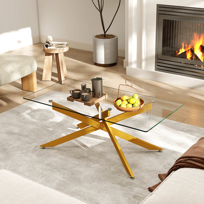Rectangle Glass Coffee Table with Tempered Glass Top and Metal Tubular Legs-Golden