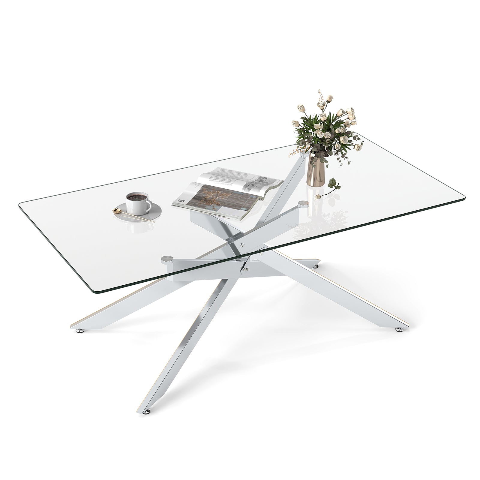 Rectangle Glass Coffee Table with Tempered Glass Top and Metal Tubular Legs-Silver