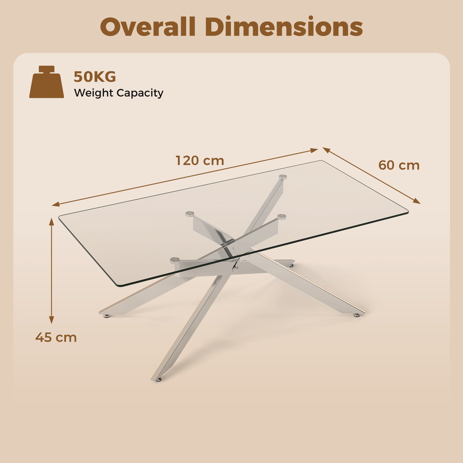Rectangle Glass Coffee Table with Tempered Glass Top and Metal Tubular Legs-Silver