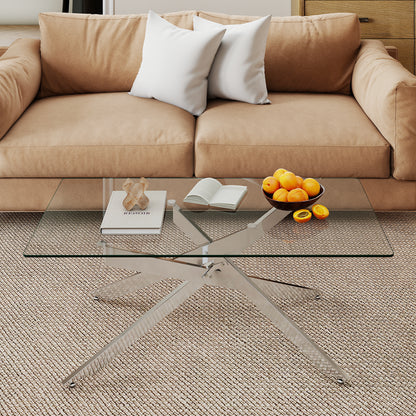 Rectangle Glass Coffee Table with Tempered Glass Top and Metal Tubular Legs-Silver