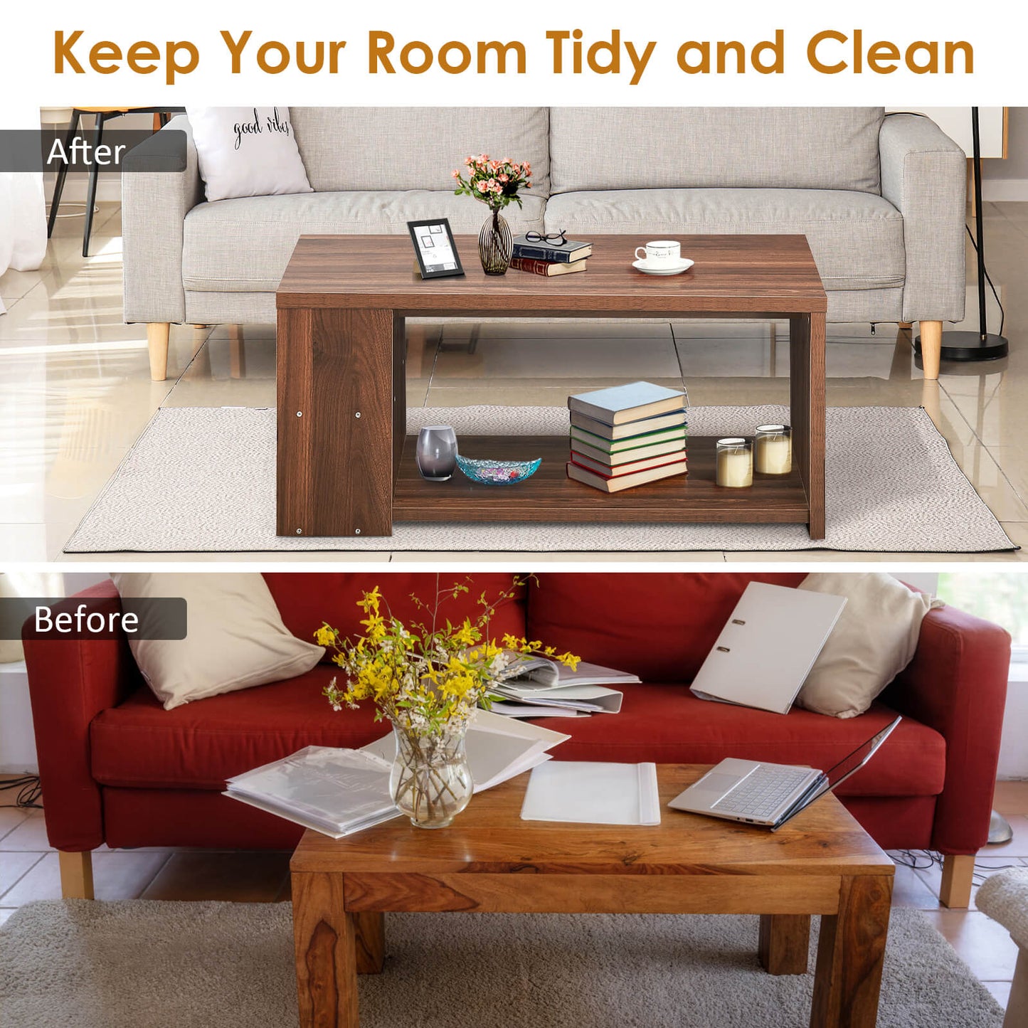 Rectangle Coffee Table with Storage Shelf-Walnut