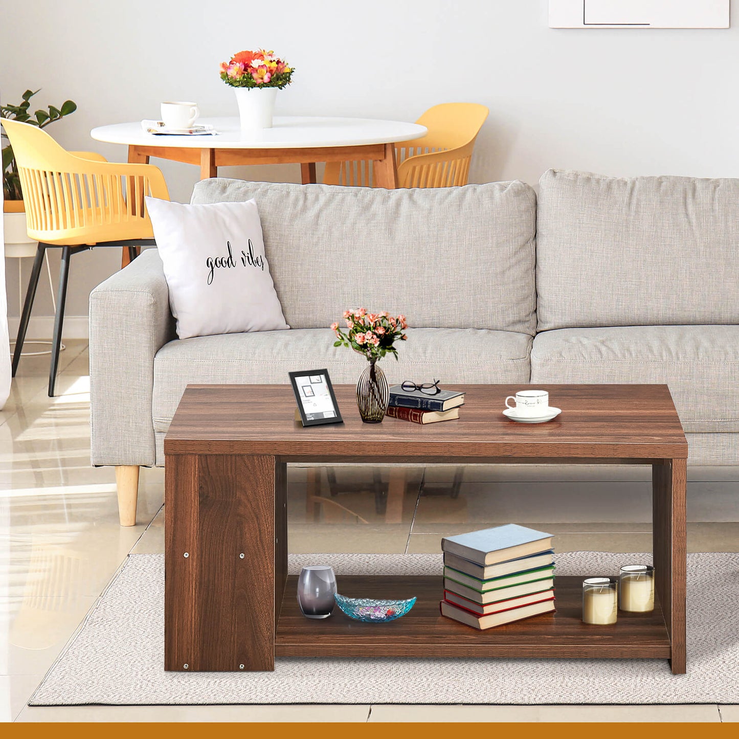 Rectangle Coffee Table with Storage Shelf-Walnut
