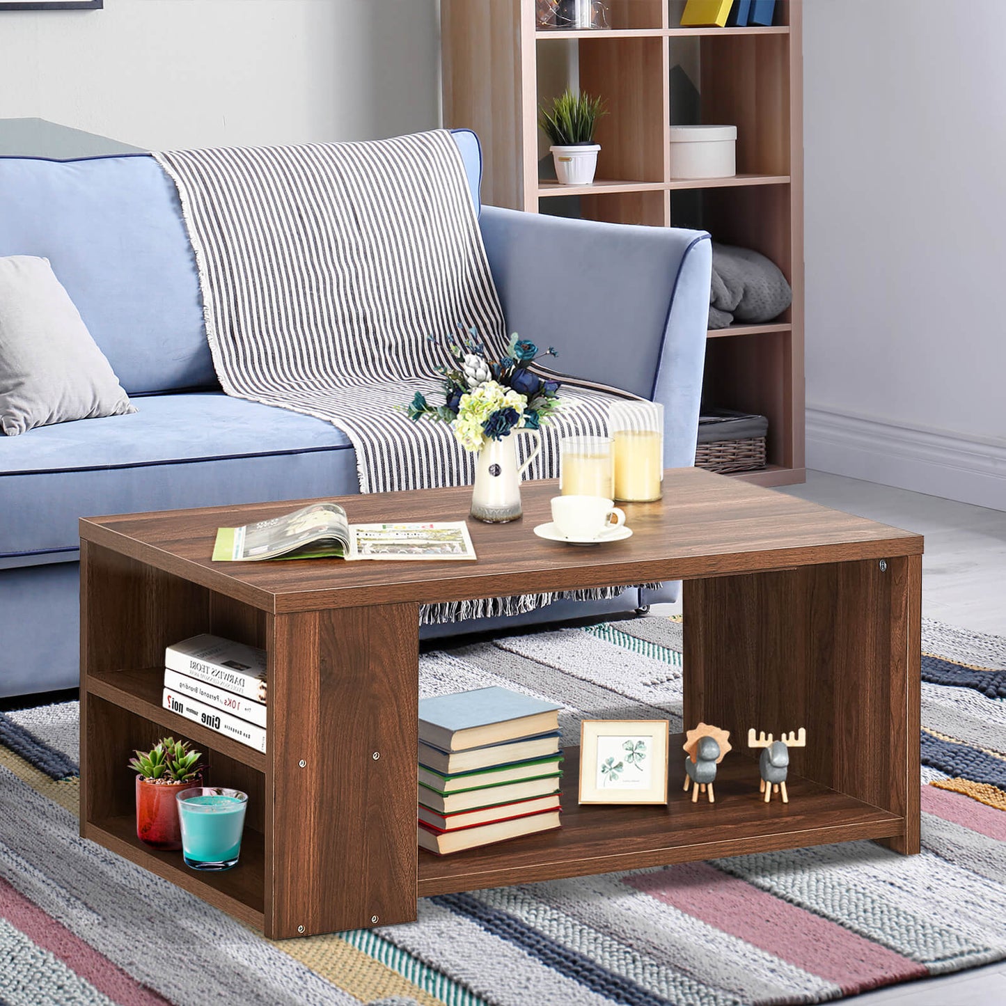 Rectangle Coffee Table with Storage Shelf-Walnut