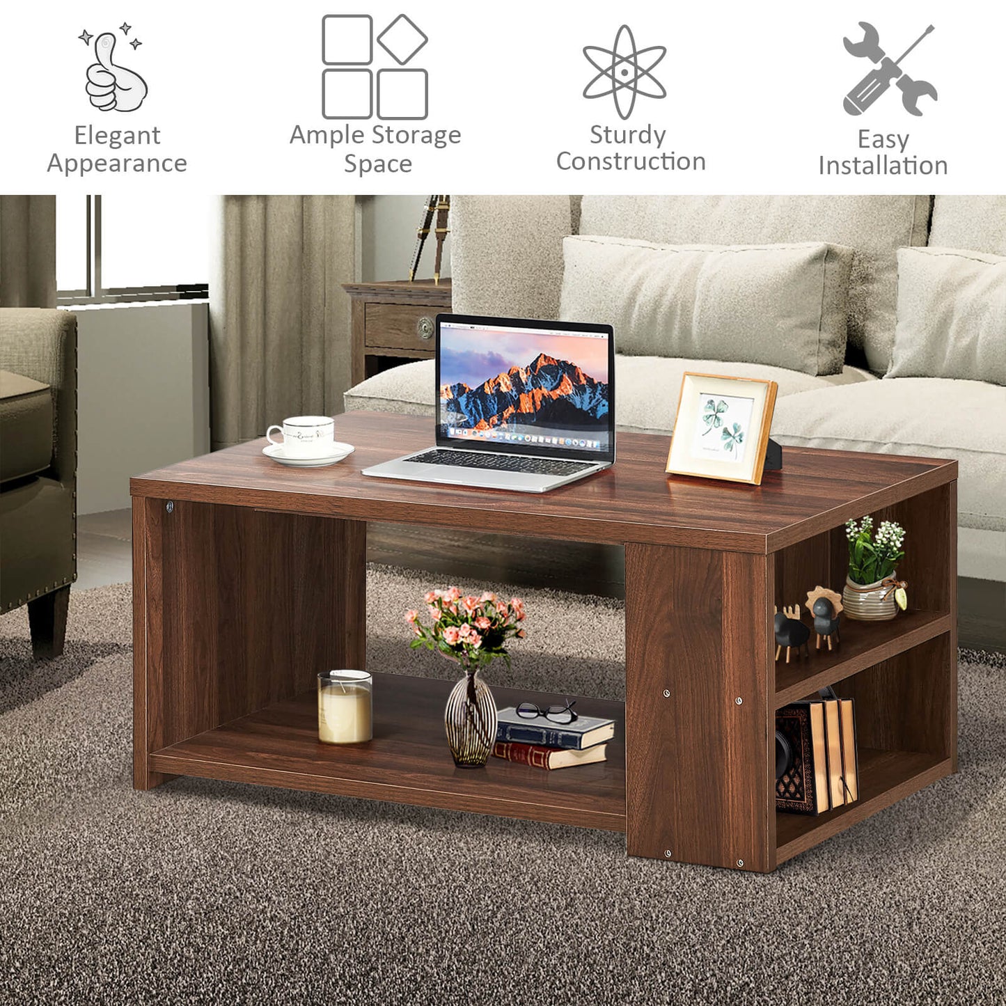 Rectangle Coffee Table with Storage Shelf-Walnut