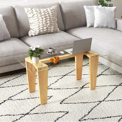 Rectangle Coffee Table with Transparent Tabletop and Rubber Wood Frame-Natural