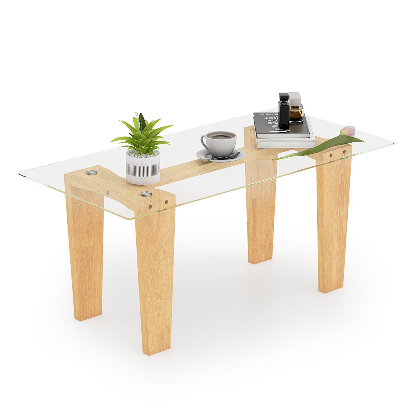 Rectangle Coffee Table with Transparent Tabletop and Rubber Wood Frame-Natural