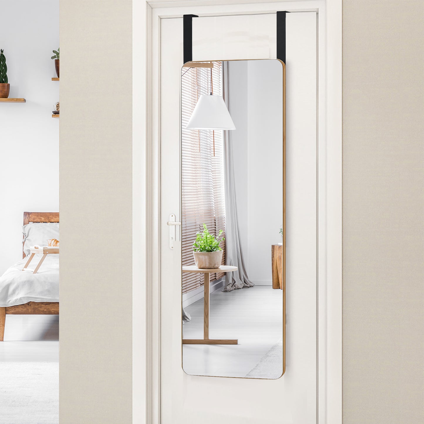 Rectangle Wall Mounted Mirror with Bamboo Frame and Round Corners-Natural