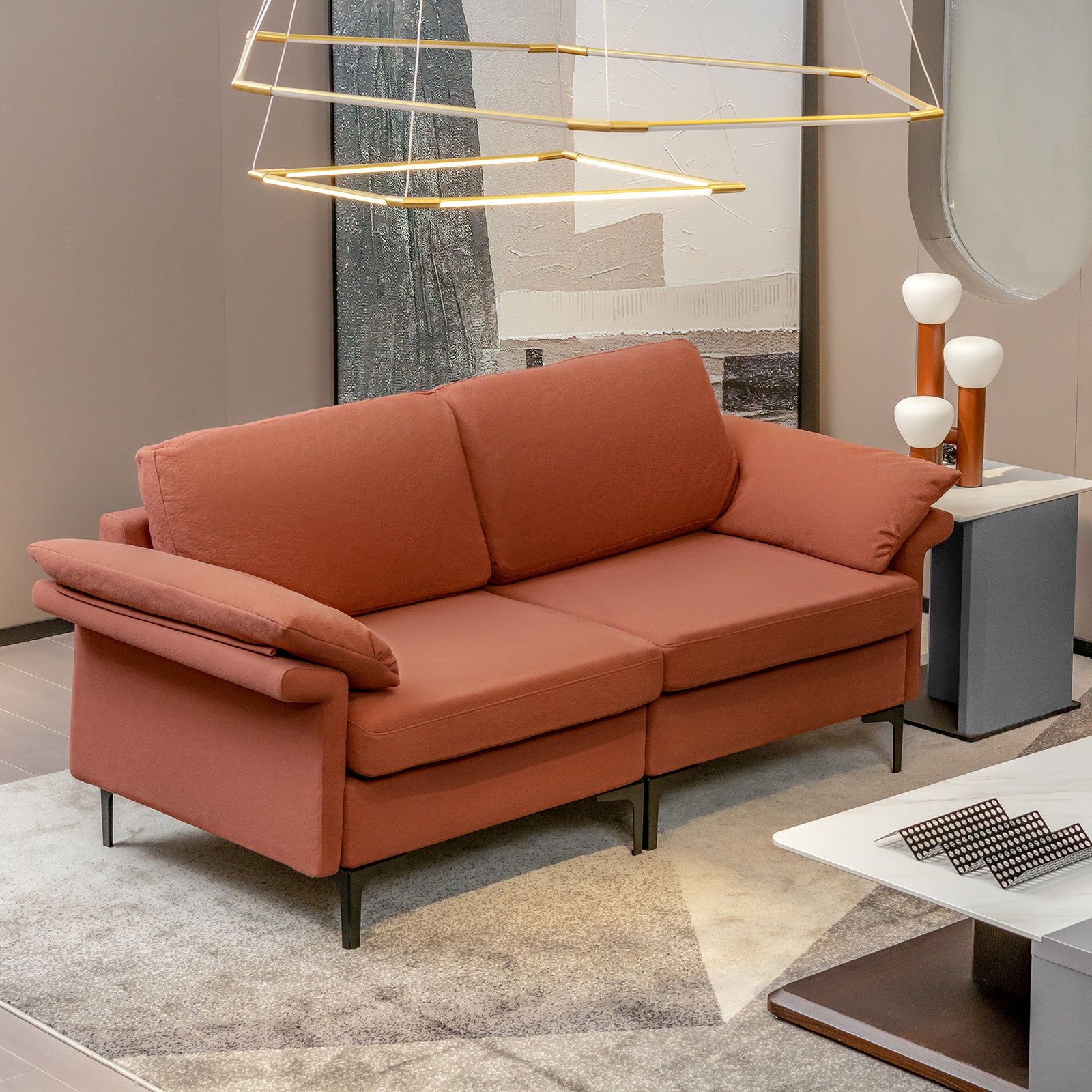 L-Shaped 2-Seater Upholstered Sectional Couch-Red
