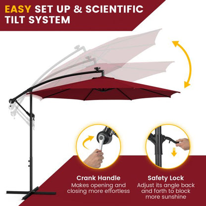 303 CM Solar-Powered Patio Offset Umbrella with 112 LED Lights-Red