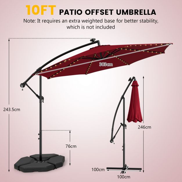 303 CM Solar-Powered Patio Offset Umbrella with 112 LED Lights-Red