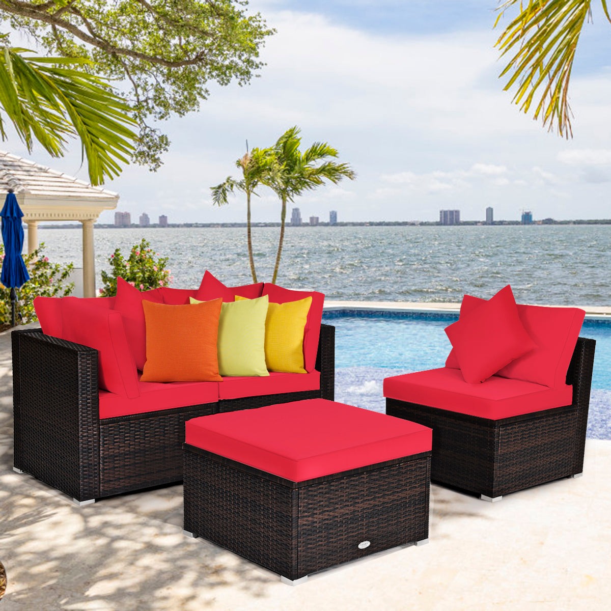 4 Pieces Outdoor Rattan  Conversation Set with Removable Cushions and Pillows-Red