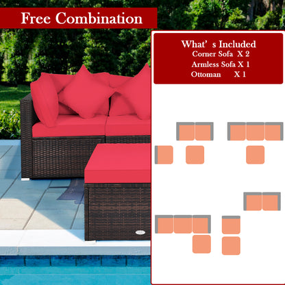 4 Pieces Outdoor Rattan  Conversation Set with Removable Cushions and Pillows-Red