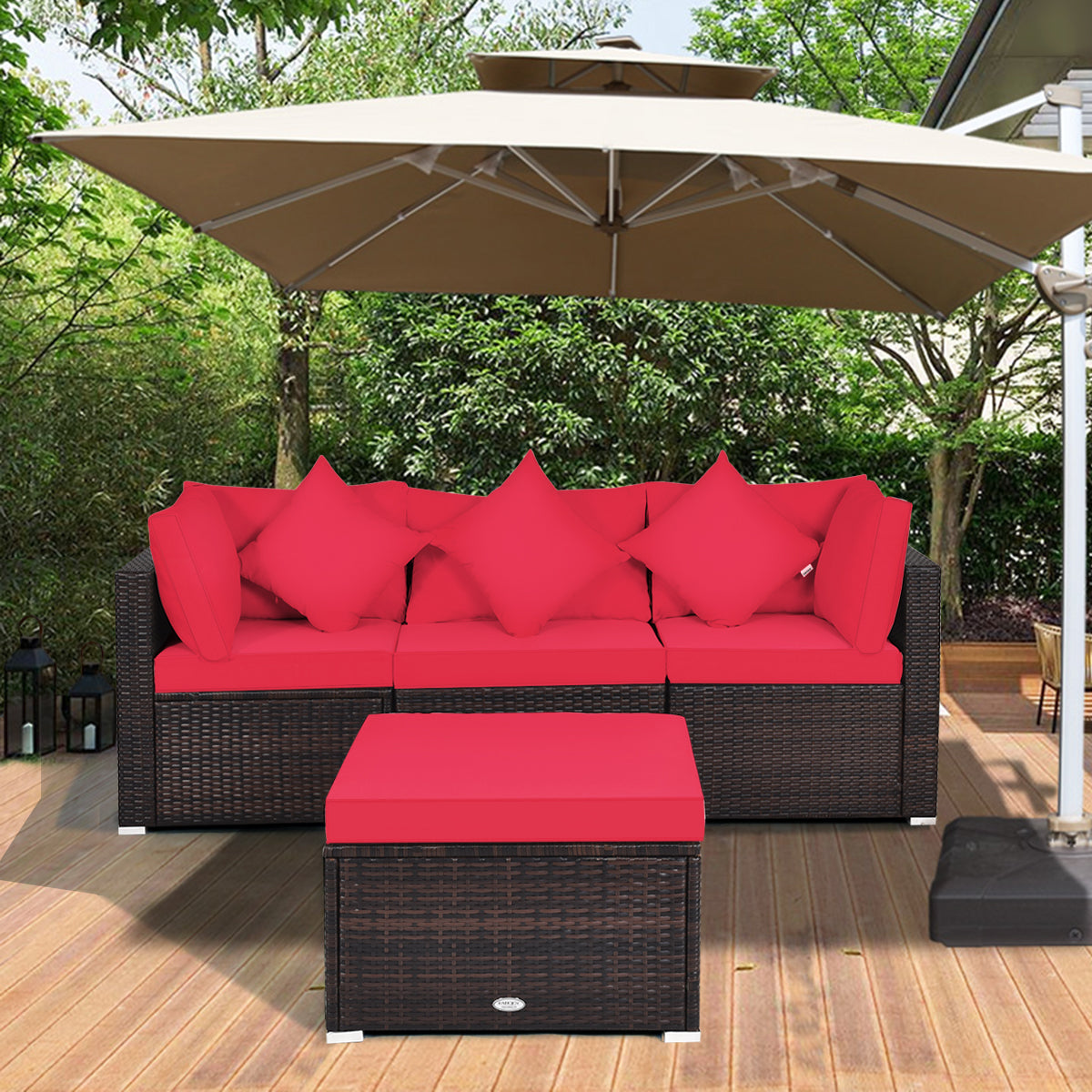 4 Pieces Outdoor Rattan  Conversation Set with Removable Cushions and Pillows-Red