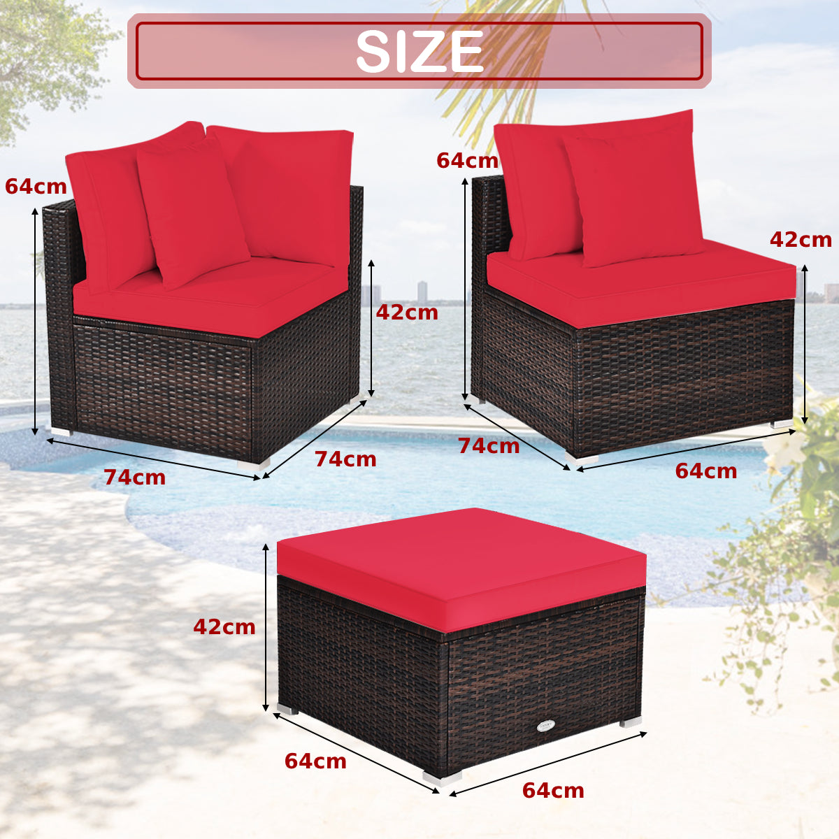 4 Pieces Outdoor Rattan  Conversation Set with Removable Cushions and Pillows-Red