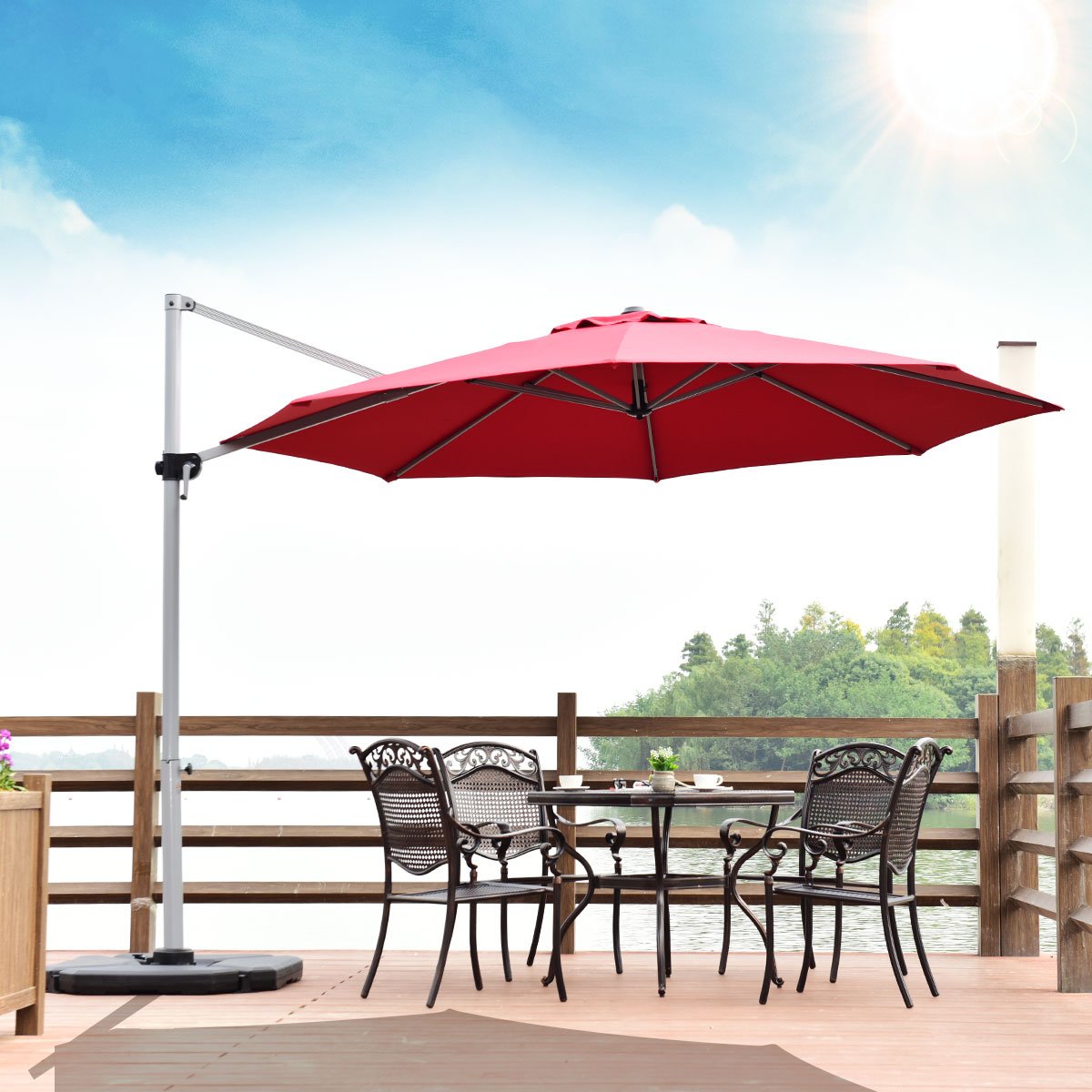 3.3m Patio Cantilever Umbrella with Tilting Adjustment and Cross base-Red