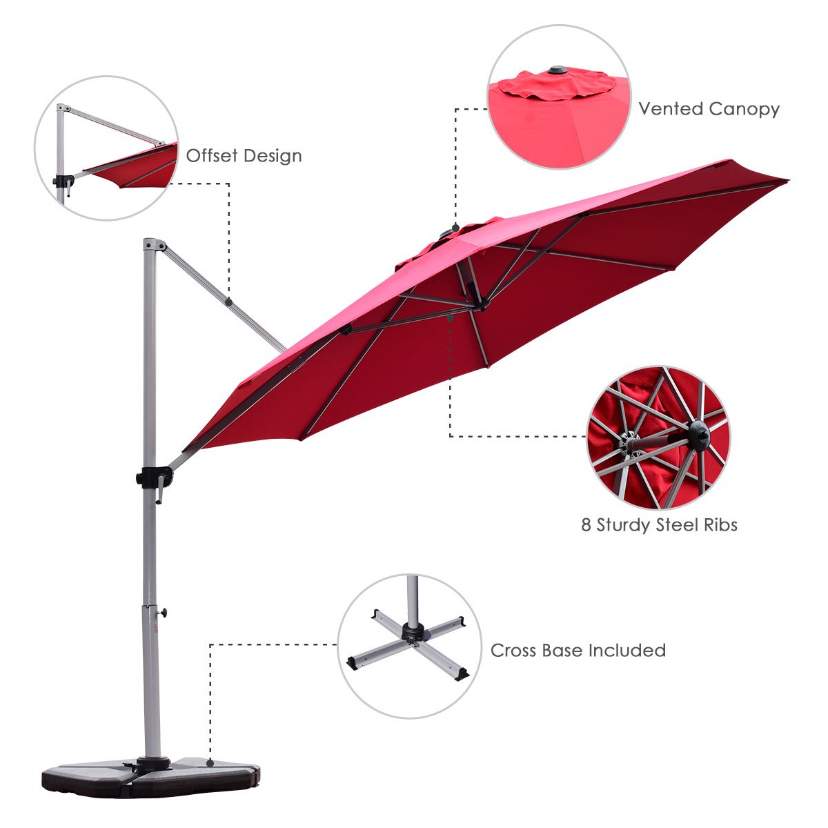 3.3m Patio Cantilever Umbrella with Tilting Adjustment and Cross base-Red