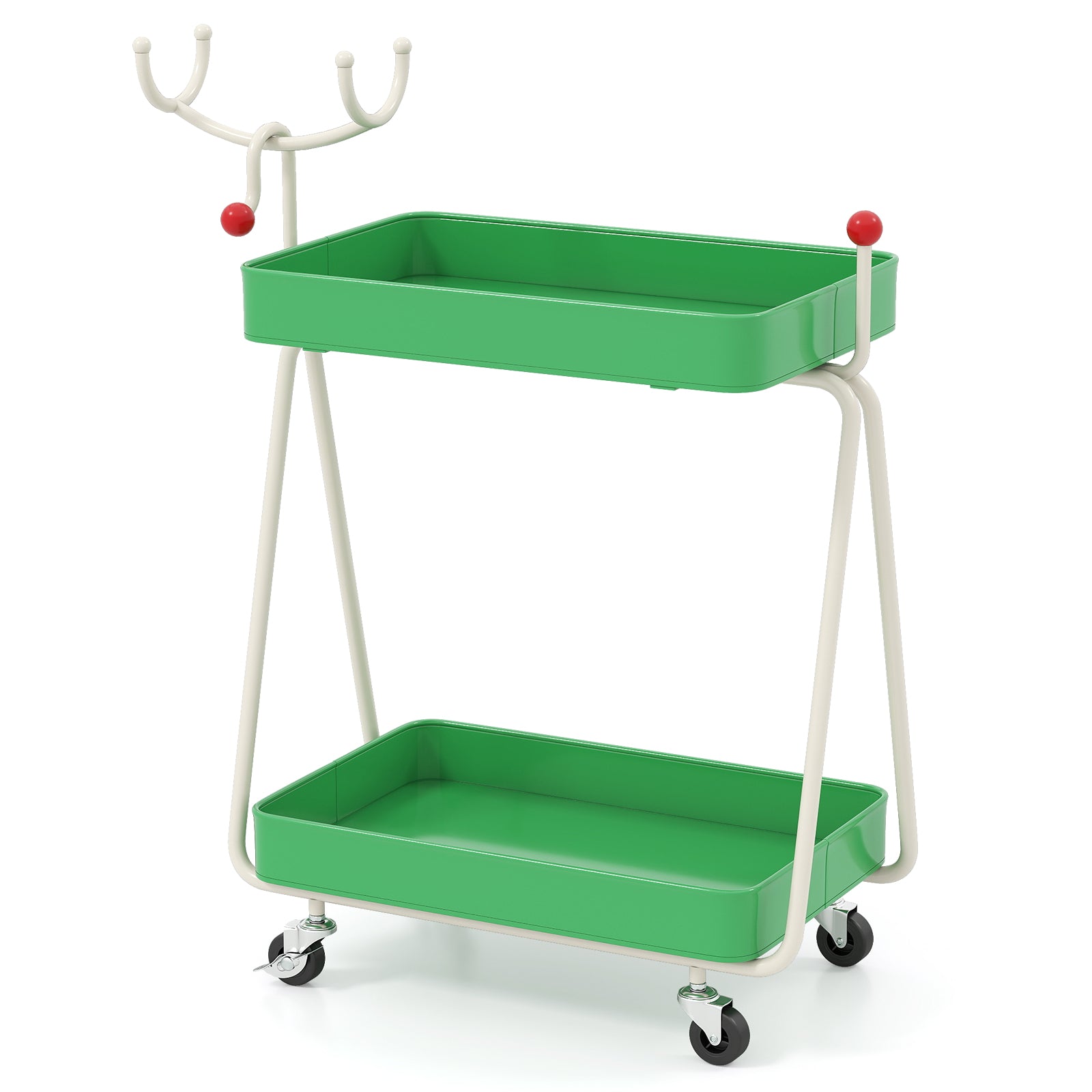 Reindeer Side Table 2-Tier Christmas Rolling Cart with Metal Frame and Wheels-Green