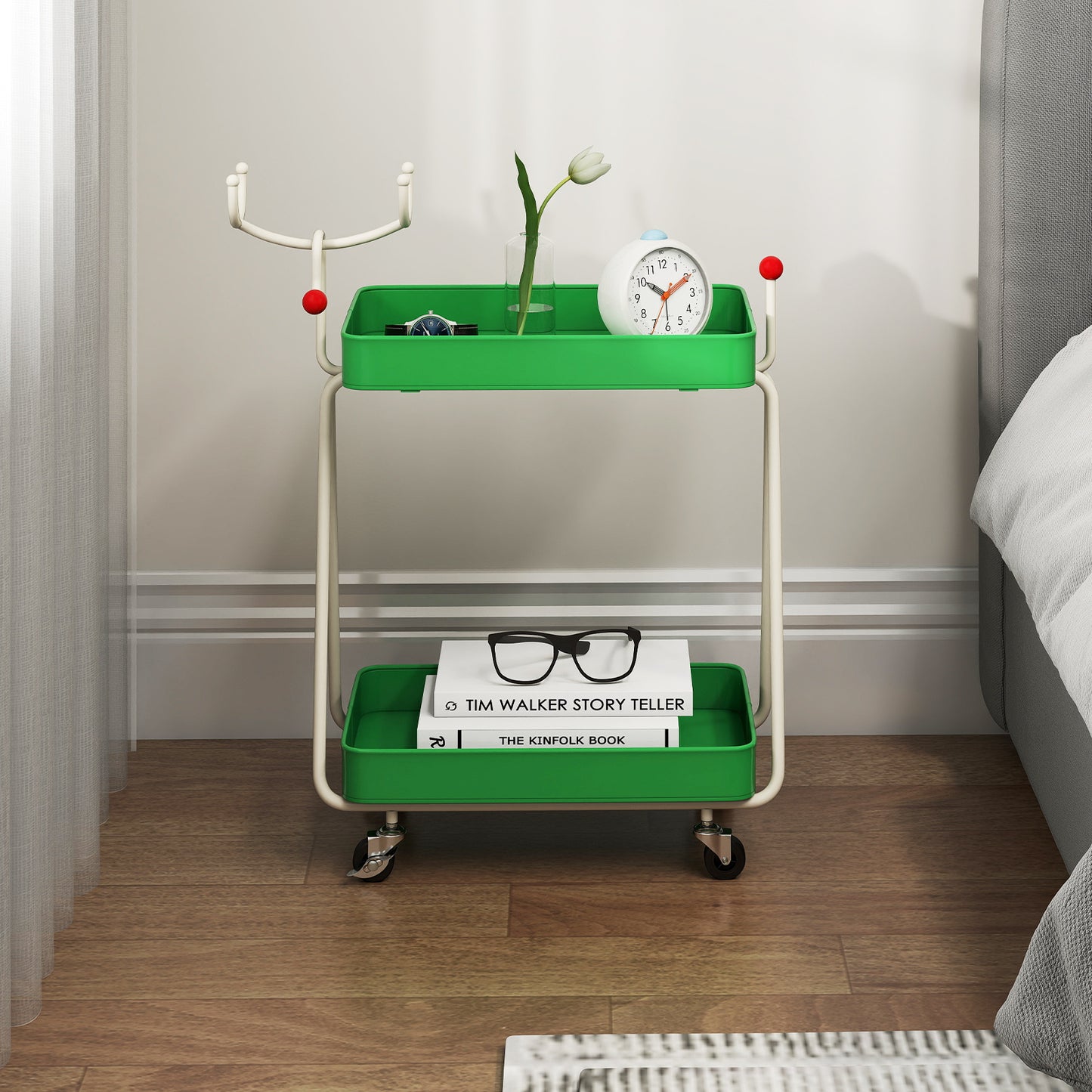 Reindeer Side Table 2-Tier Christmas Rolling Cart with Metal Frame and Wheels-Green