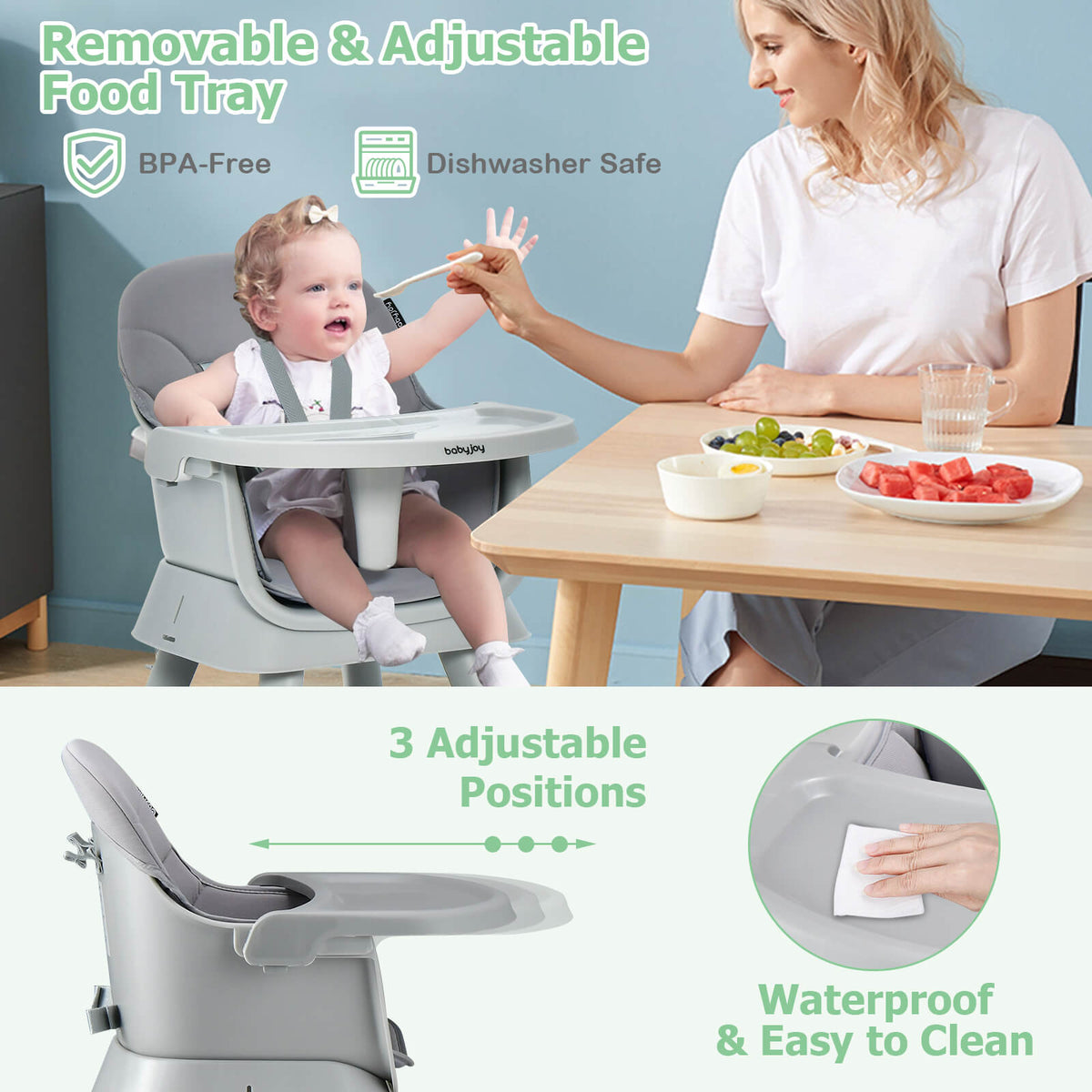 6-in-1 Baby High Chair with 5-Point Harness and Removable Tray-Gray