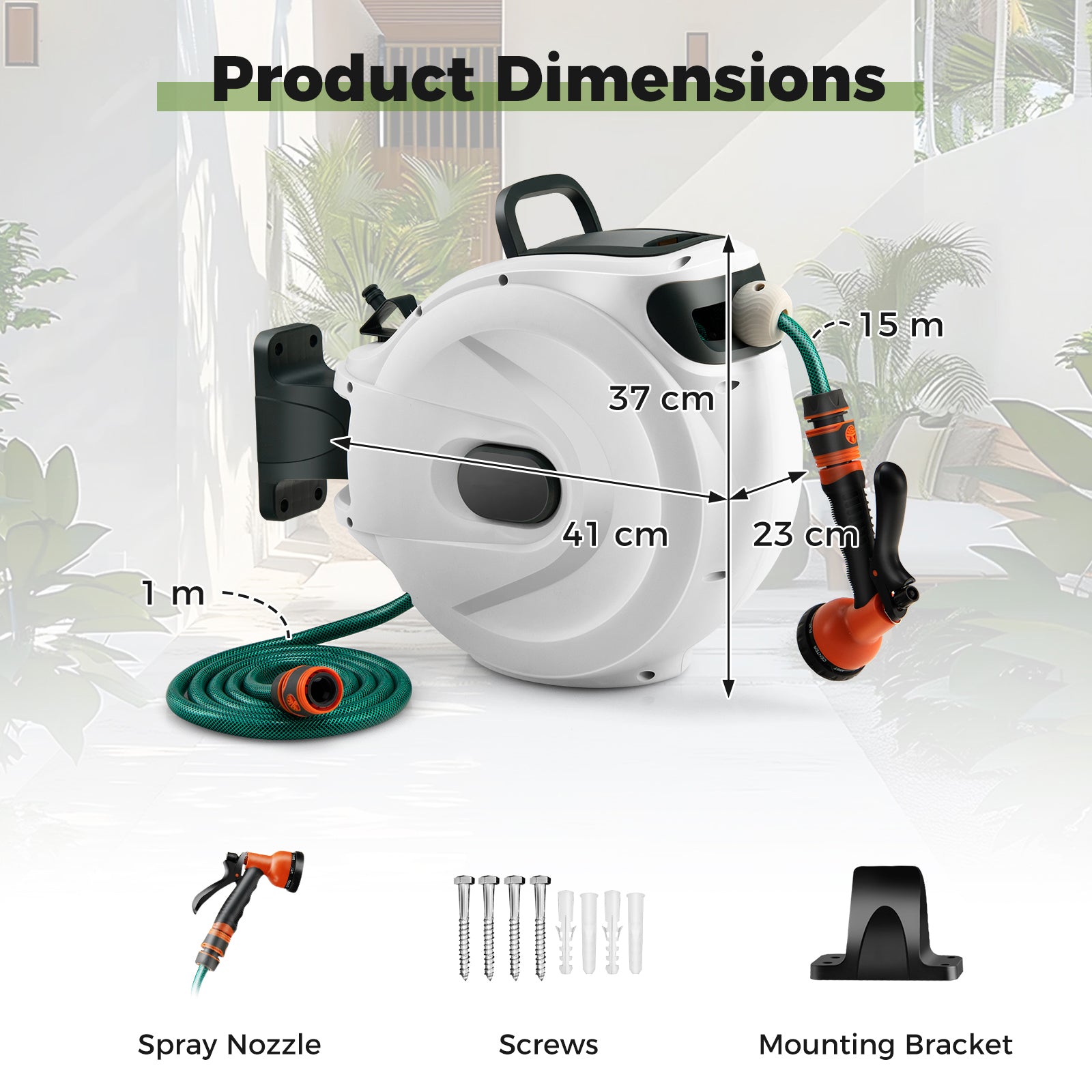 Retractable Garden Hose Reel 1.5 cm x 15 m Heavy Duty Wall Mount Hose Reel-White