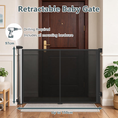 Retractable Safety Barrier up to 140 with Double Locking for Babies and Dogs-Black