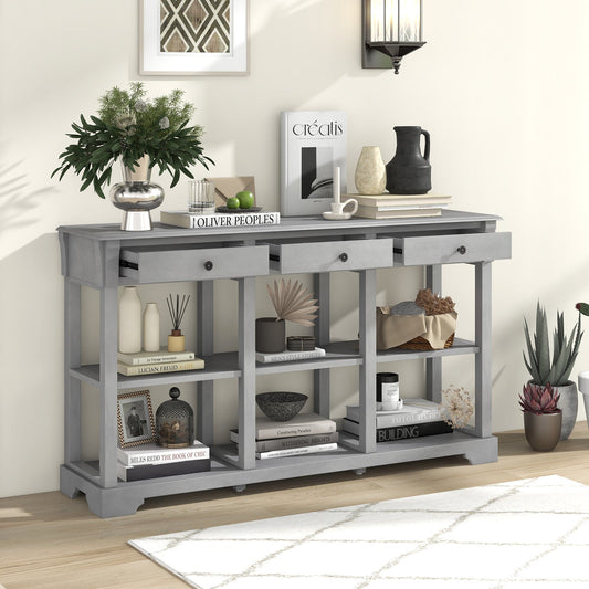 Retro Console Table with 3 Drawers and Open Shelves-Grey