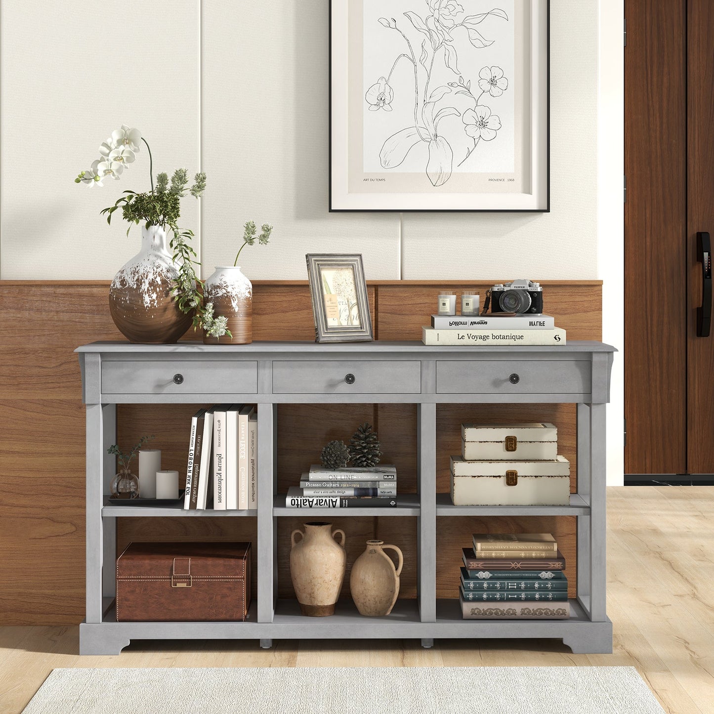 Retro Console Table with 3 Drawers and Open Shelves-Grey