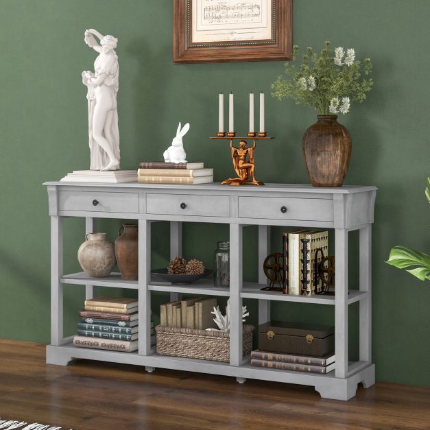 Retro Console Table with 3 Drawers and Open Shelves-Grey