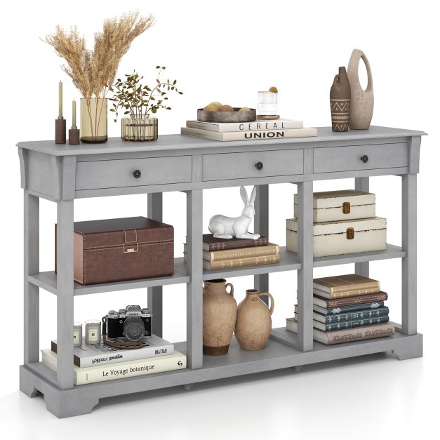 Retro Console Table with 3 Drawers and Open Shelves-Grey