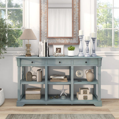 Retro Console Table with 3 Drawers and Open Shelves-Blue