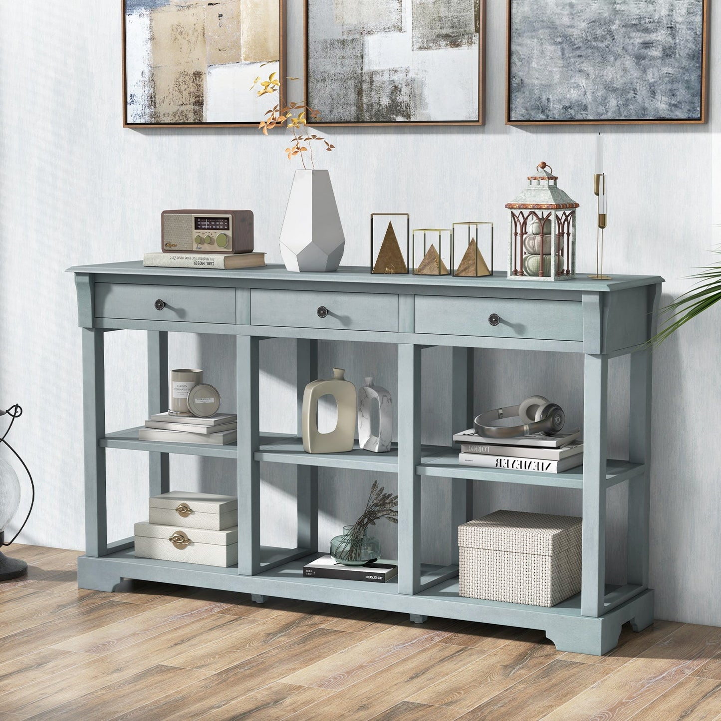 Retro Console Table with 3 Drawers and Open Shelves-Blue