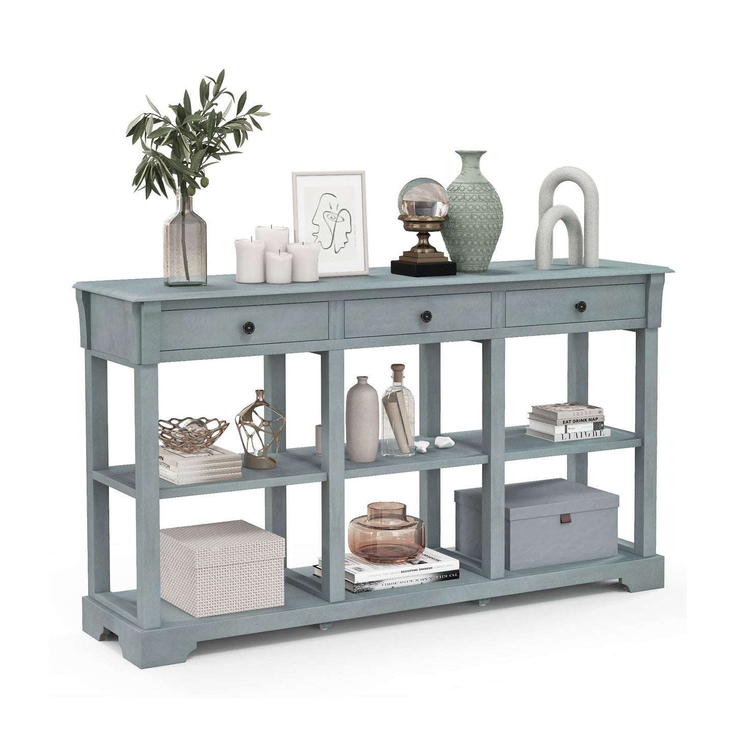 Retro Console Table with 3 Drawers and Open Shelves-Blue