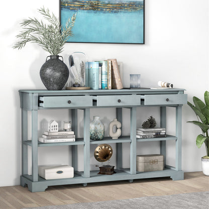 Retro Console Table with 3 Drawers and Open Shelves-Blue