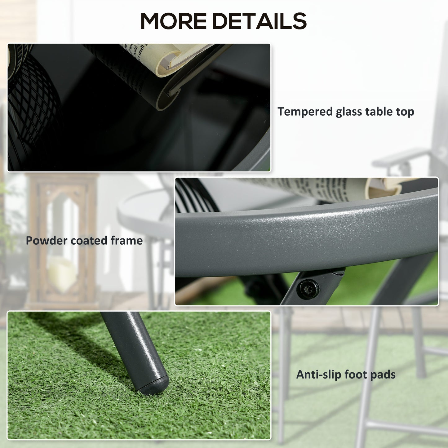 Outsunny â45cm Garden Side Table, Outdoor Round Folding Patio Table with Imitation Marble Glass Top, Small Coffee Table, Black
