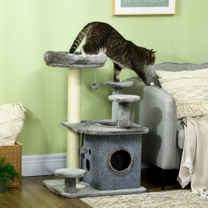 PawHut 92cm Cat Tree for Indoor Cats with Scratching Posts, Cat Tower with House, Bed, Perches, Scratching Mat, Toy, Grey