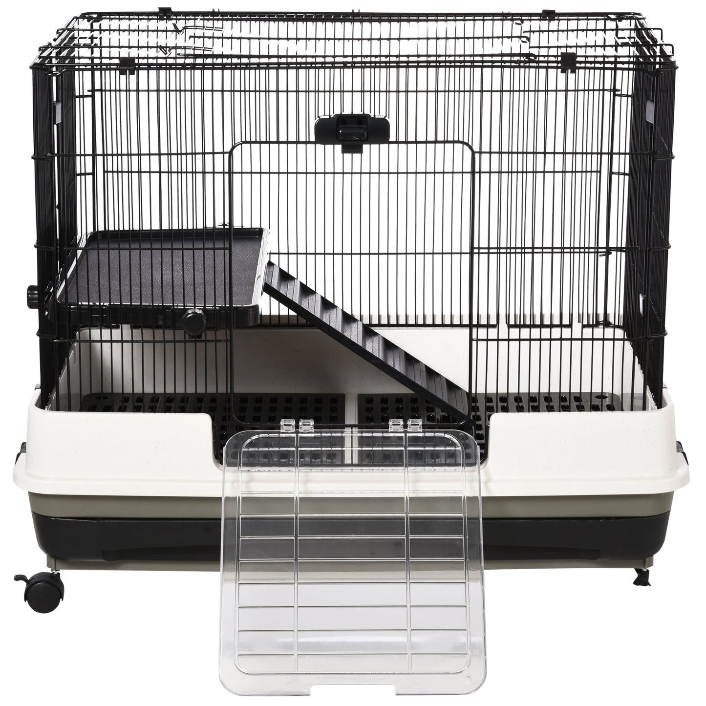 PawHut 2 Tier Rolling Small Animal Rabbit Cage Chinchillas Hutch Pet Play House with Platform Ramp Removable Tray 80 x 52.7 x 66 cm