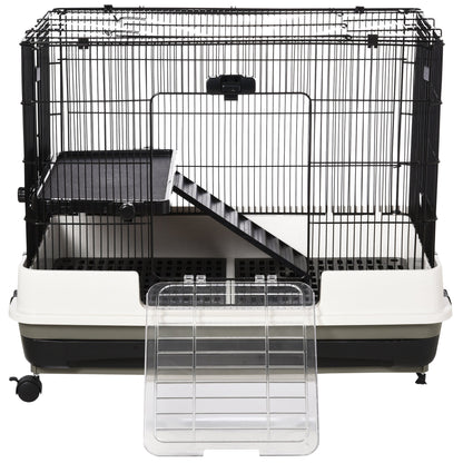 PawHut 2 Tier Rolling Small Animal Rabbit Cage Chinchillas Hutch Pet Play House with Platform Ramp Removable Tray 80 x 52.7 x 66 cm